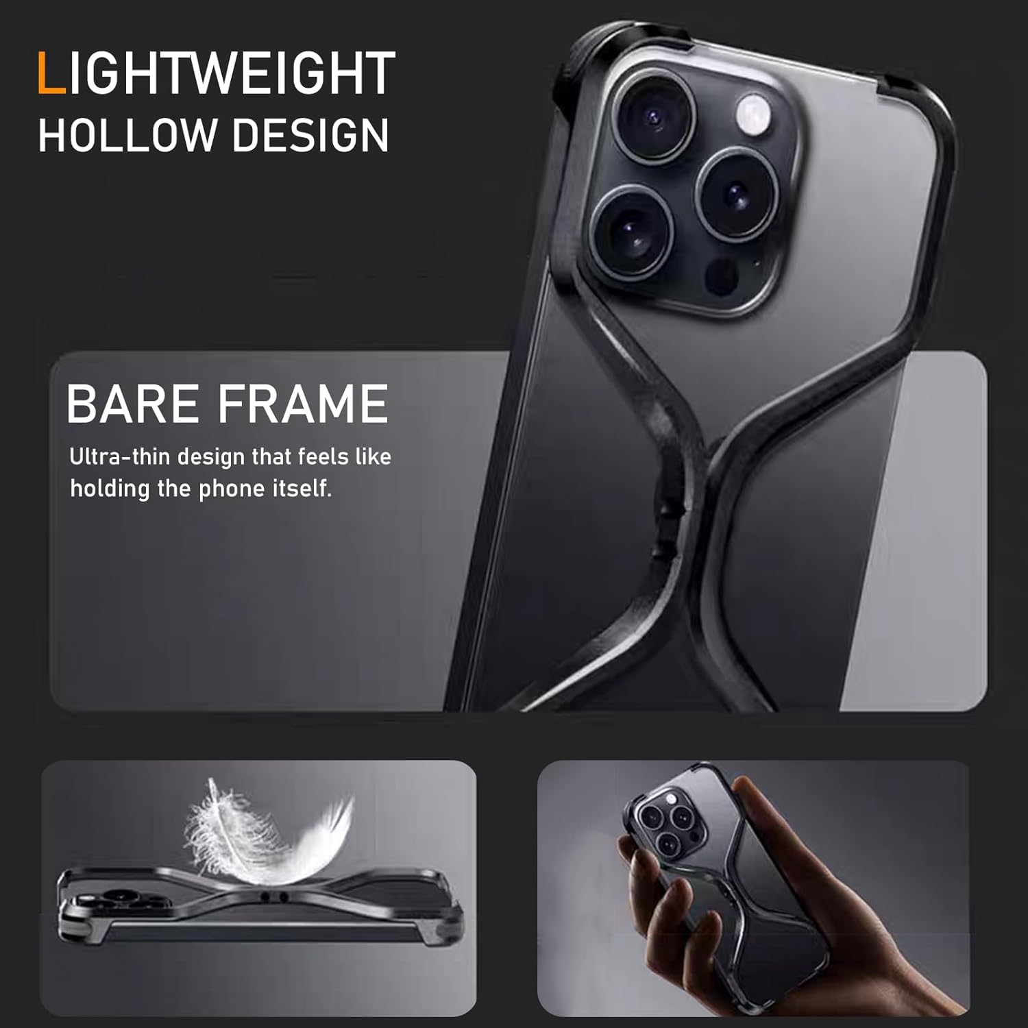 iPhone 15 Pro Max X Shape Metal Case Premium Metal Luxury Aluminum Rimless Case - Black